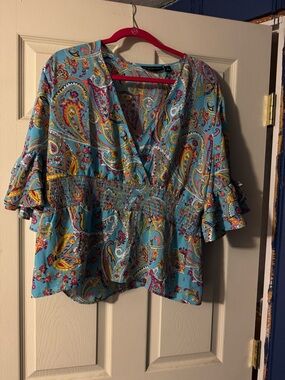 New York & Company Turquoise Paisley Print Top with Multicolor Accents